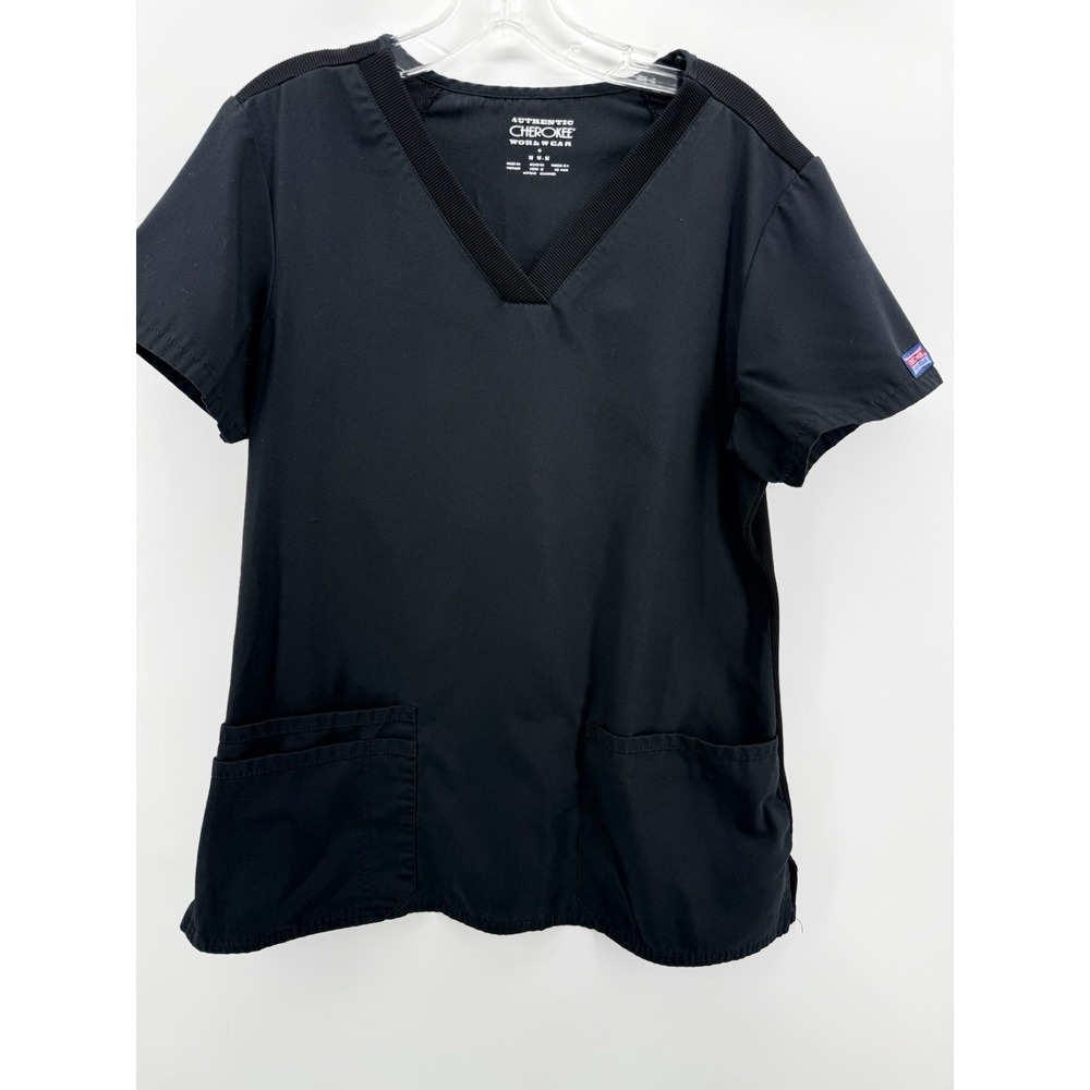 Cherokee Workwear Women's Scrub Top M Black Solid V-Neck Pockets